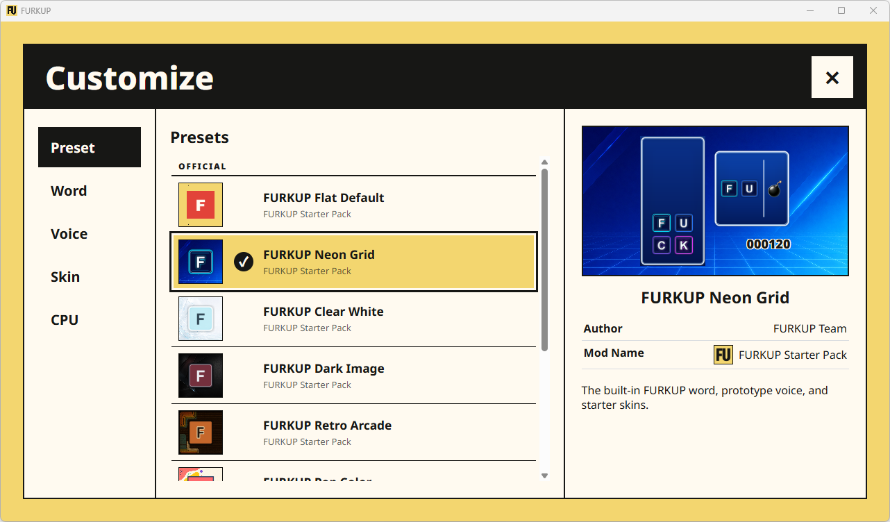 FURKUP Customize screen